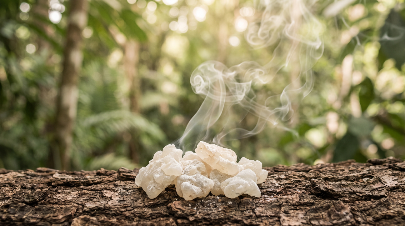Raw copal resin releasing soft smoke on a bark surface in a sunlit tropical forest, the ceremonial incense that inspired Copalli's name
