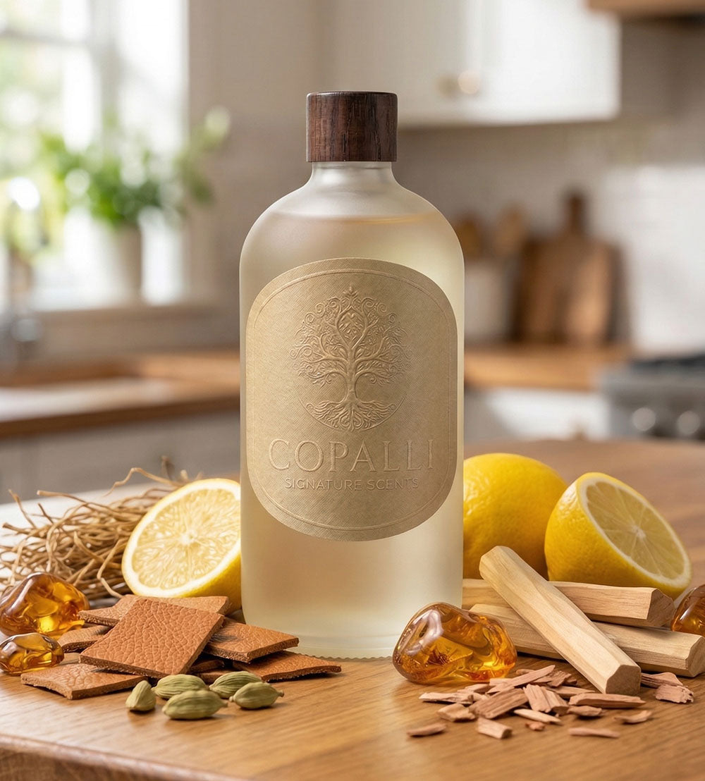 Our Copalli scent bottle with scent oil inspired by the 1 Hotel: Displaying main ingredients of Leather, Cardamom, Lemon and Sandalwood. 
