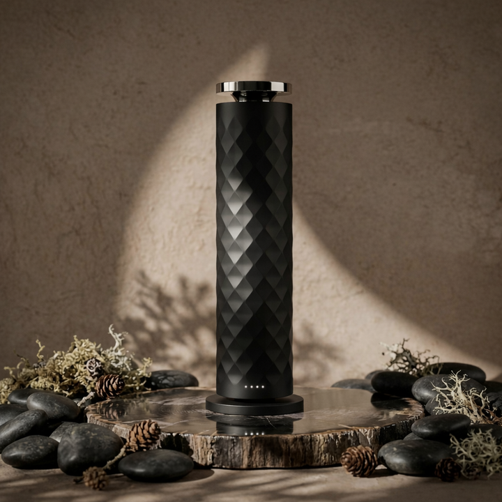 Our black Copalli Tower LX Diffuser with a signature diamond-textured finish, elegantly displayed on a dark wood grain base surrounded by smooth black river stones and preserved moss.