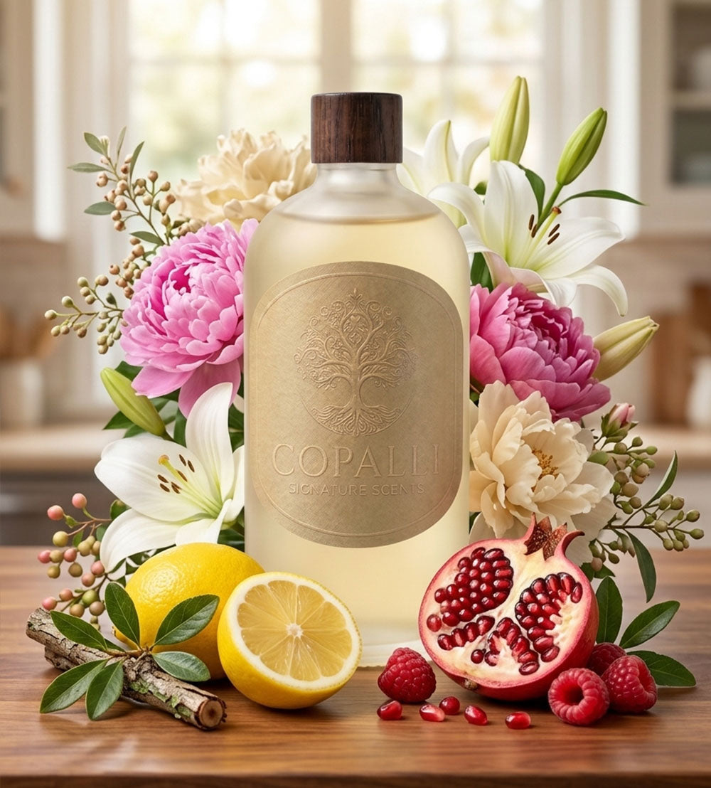 Our Copalli scent bottle with scent oil inspired by the Aria Hotel: Displaying main ingredients of Lemon Crème, Red Pomegranates, and Peony.