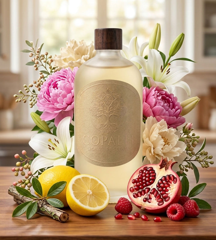 Our Copalli scent bottle with scent oil inspired by the Aria Hotel: Displaying main ingredients of Lemon Crème, Red Pomegranates, and Peony.