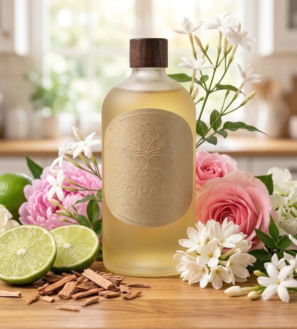 Our Copalli scent bottle with scent oil Berlin Girl: Displaying main ingredients of White Tea, Soku Lime, Peony and Amber.