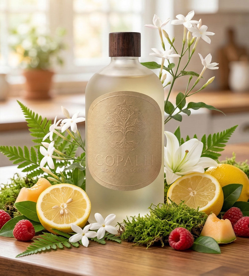 Our Copalli scent bottle with scent oil Blessed: Displaying main ingredients of Aloe Vera, Jasmine and Lily