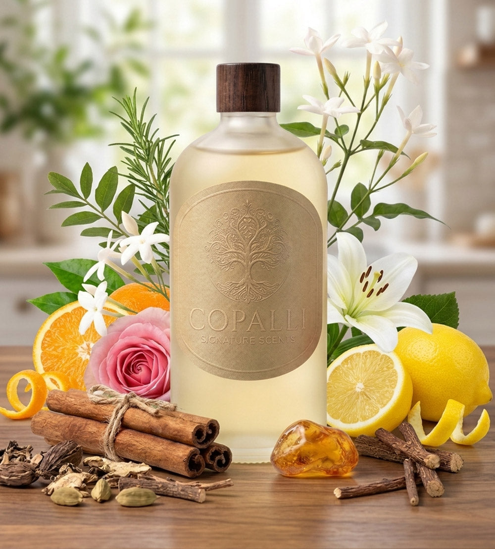 Our Copalli scent bottle with scent oil inspired by: The Delano Hotel: Displaying main ingredients of Green Tea, Orange, Lemon Zest and Jasmine