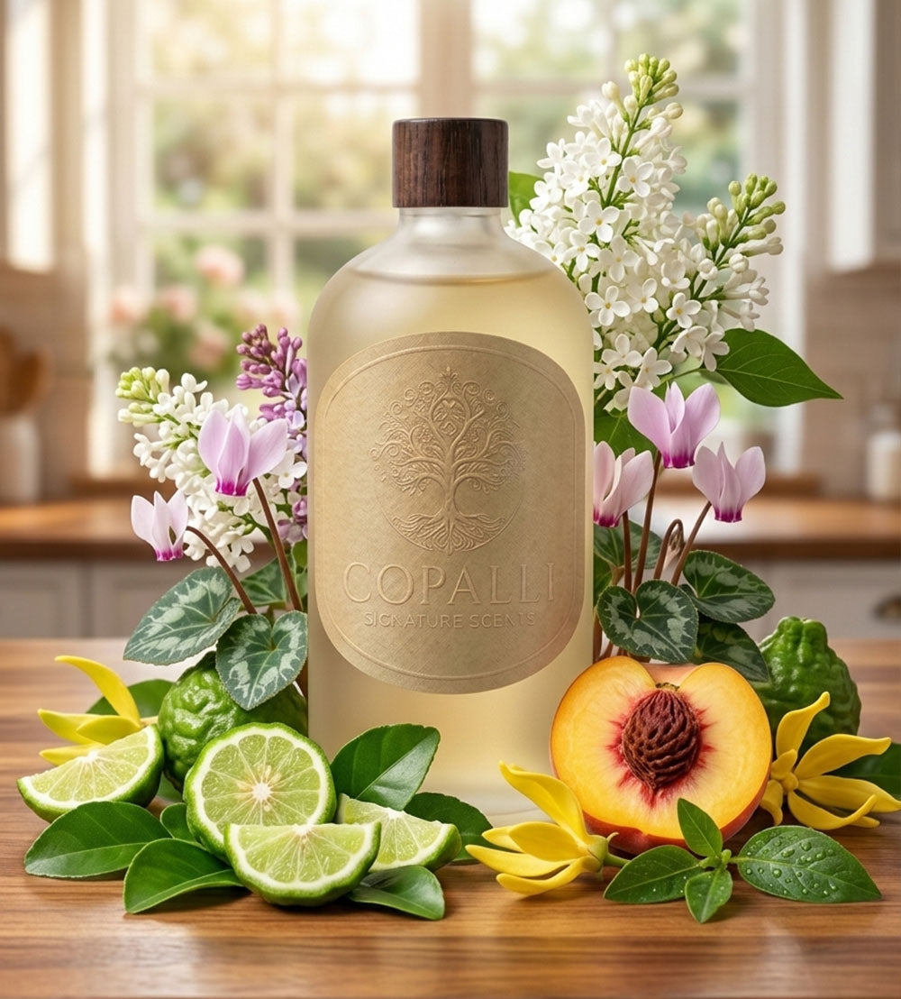 Our Copalli scent bottle with scent oil inspired by E11even Bar: Displaying main ingredients of White Peach, Bergamot, Lilac and Patchouli. 