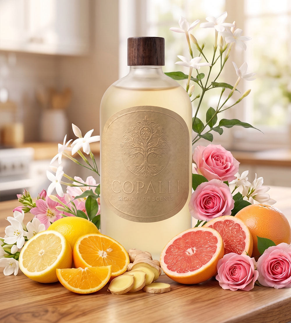 Our Copalli scent bottle: Scent inspired by hilton hotel, displaying main ingredients like rose, jasmine, citrus, and ginger.