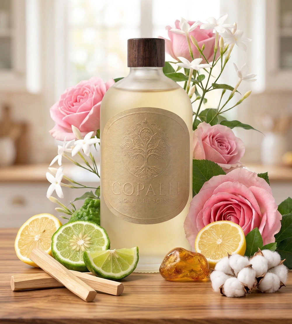 Our Copalli scent bottle with scent oil inspired by: Intercontinental Hotel: Displaying main ingredients of Calabrian Bergamot, Lemon and Rose.