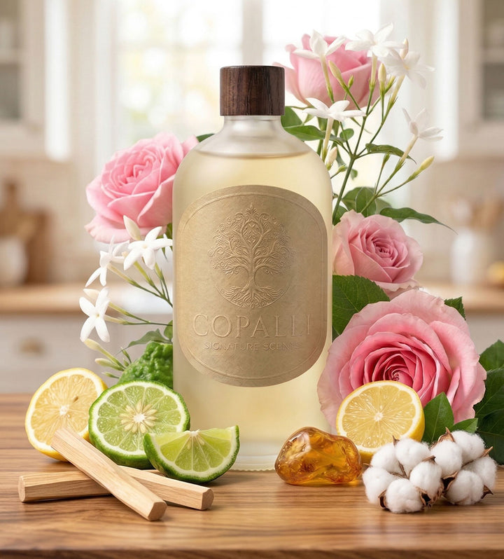 Our Copalli scent bottle with scent oil inspired by: Intercontinental Hotel: Displaying main ingredients of Calabrian Bergamot, Lemon and Rose.