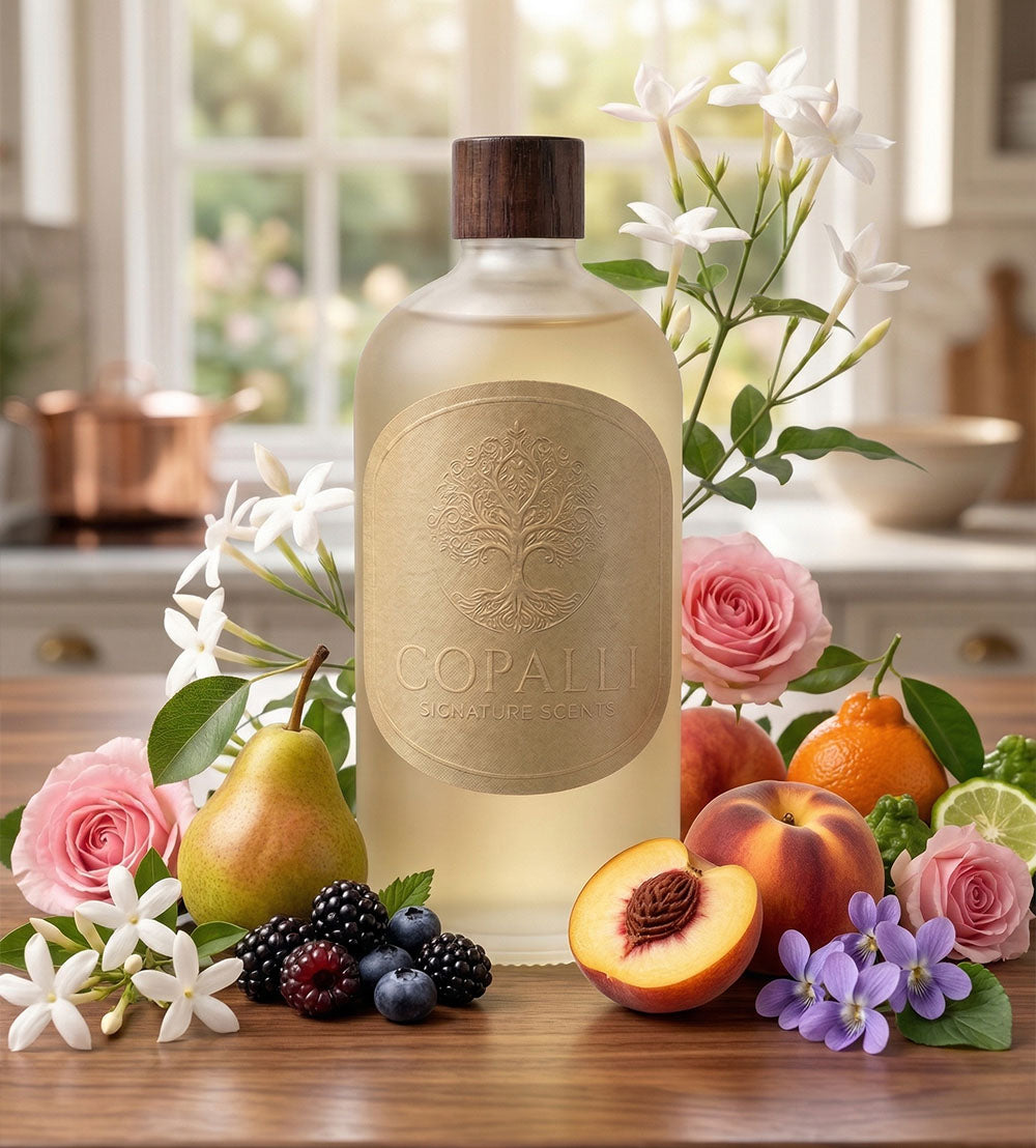 Our Copalli scent bottle with scent oil inspired by: La Vie Est Belle Perfume: Displaying main ingredients of Pear, Peach, Rose and Patchouli