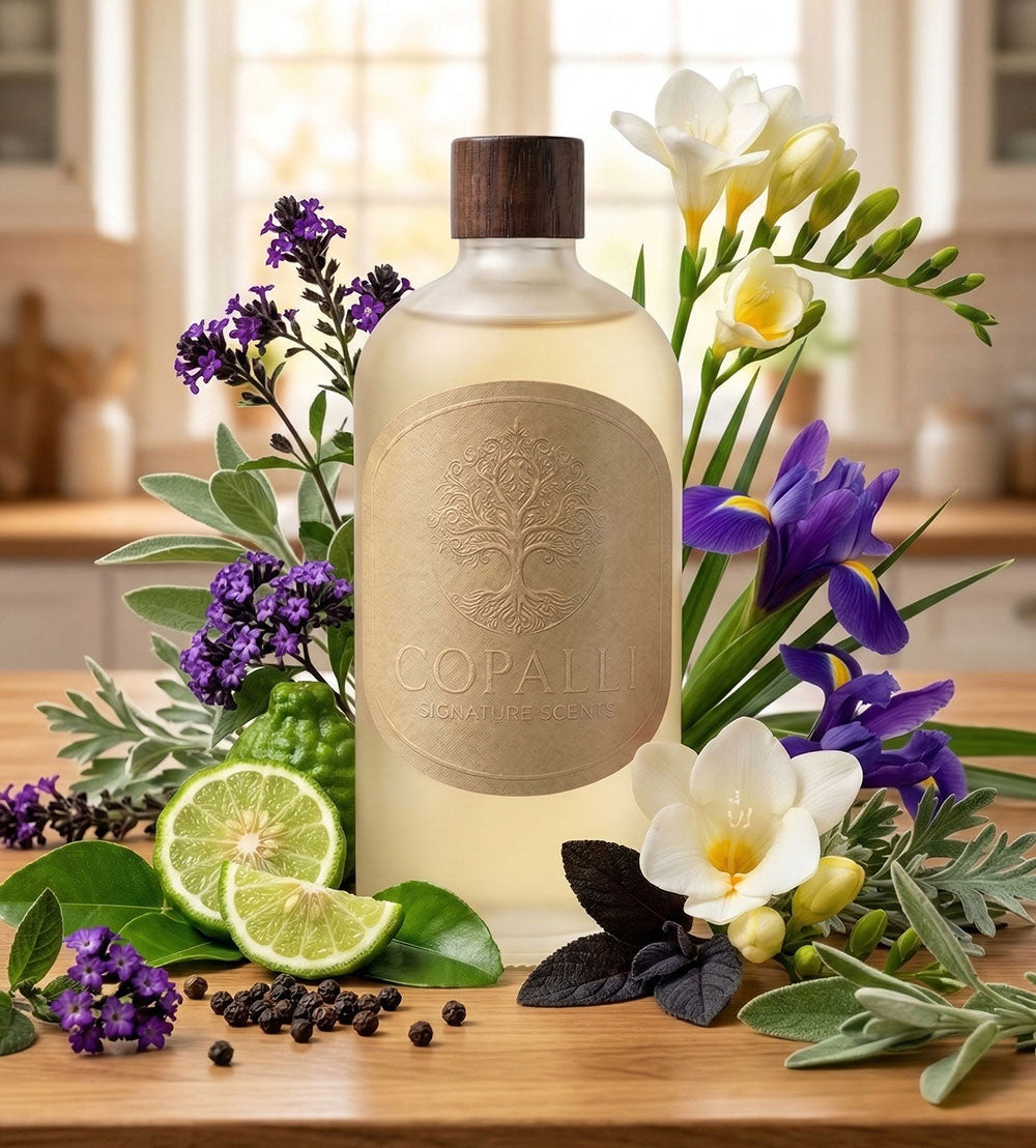 Our Copalli scent bottle with scent oil Little White Lies: Displaying main ingredients of Bergamot, Pepper, Purple Freesia and Amber.