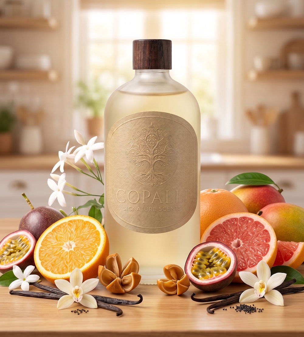 Our Copalli scent bottle with diffuser scent oil of Mandarin Grape Fruit: Displaying top notes of Orange, Mango, Grapefruit and Jasmine.