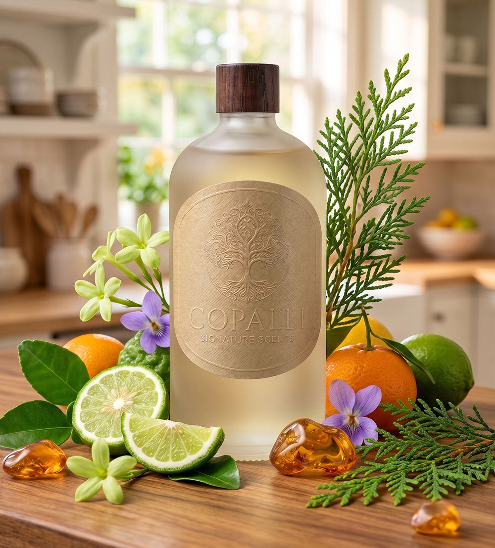 Our Copalli scent bottle with scent oil inspired by the Marriott Hotel: Displaying main ingredients of Citrus, Bergamot, Green Tea and Musk. 