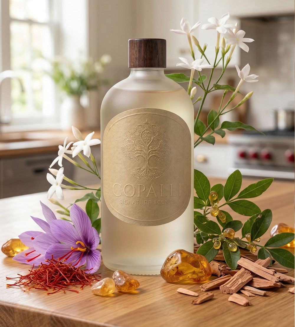 Our Copalli scent bottle with scent oil Milan: Displaying main ingredients of Jasmine, Saffron, Amberwood and Cedar.