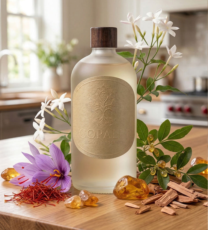 Our Copalli scent bottle with scent oil Milan: Displaying main ingredients of Jasmine, Saffron, Amberwood and Cedar.