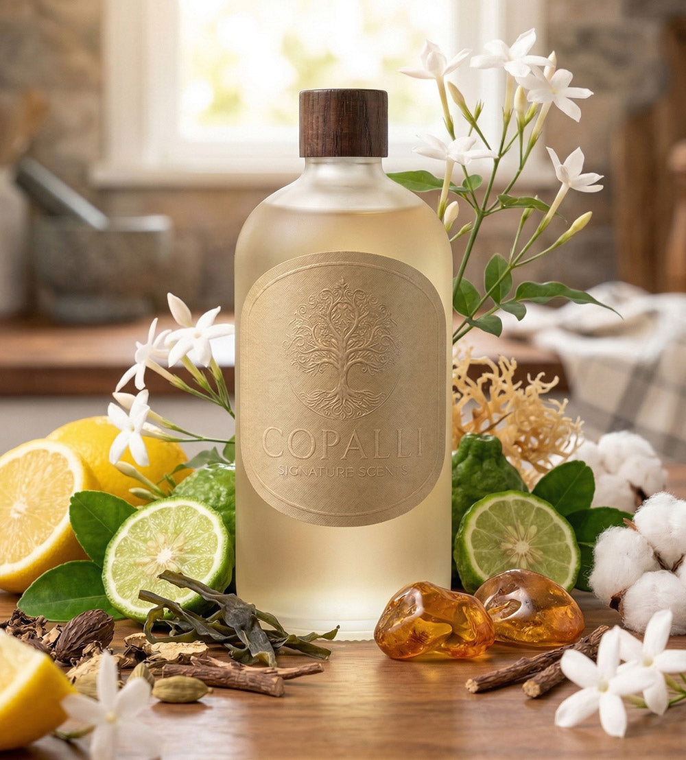 Our Copalli scent bottle with scent oil Ocean Breeze: Displaying main ingredients of Lemon, Bergamot, Ocean and Musk.