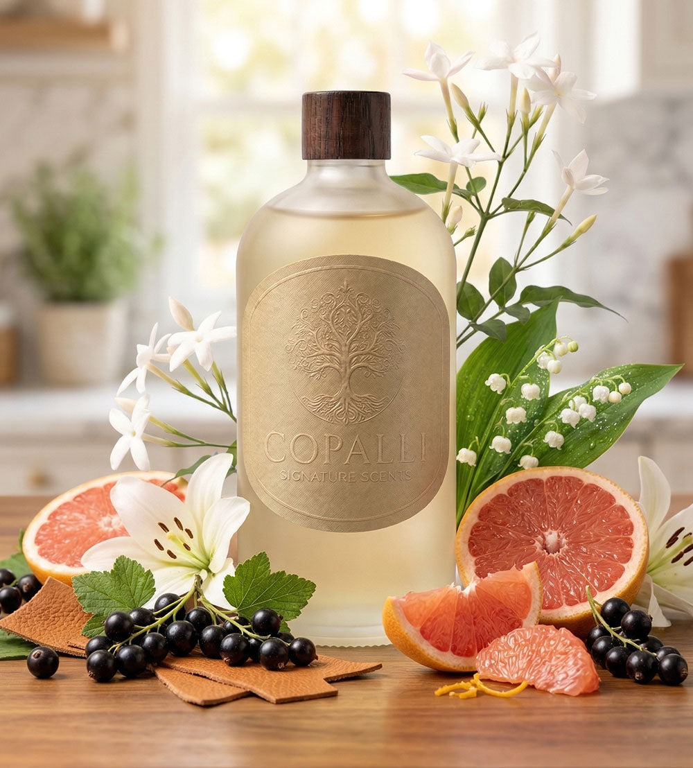 Our Copalli scent bottle with scent oil inspired by the Park Hyatt Hotel: Displaying main ingredients of Citrus, Grapefruit, Lily of the Valley and Woody.