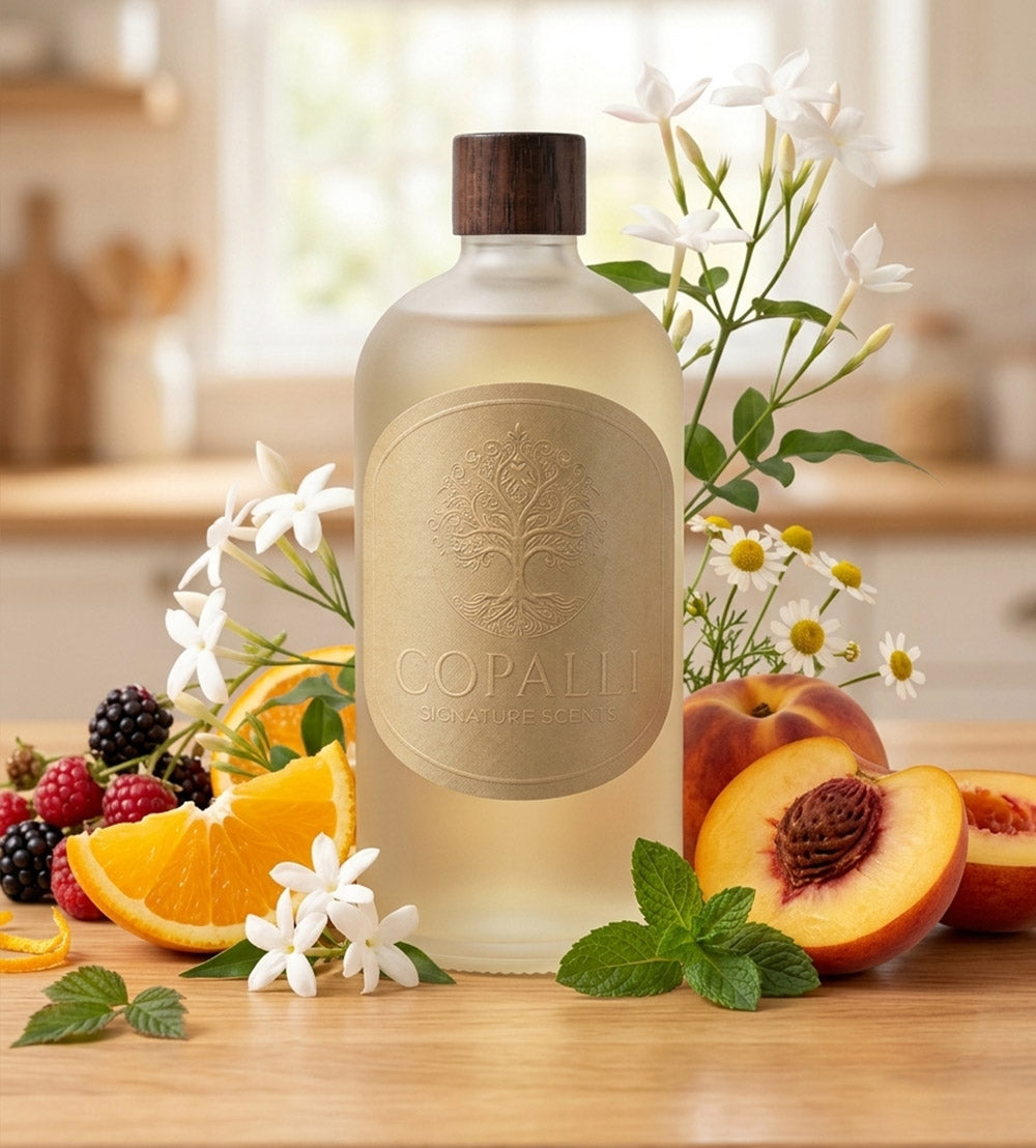 Our Copalli scent bottle with scent oil Praga: Displaying main ingredients of White peach, Mint, Chamomile, Patchouli.