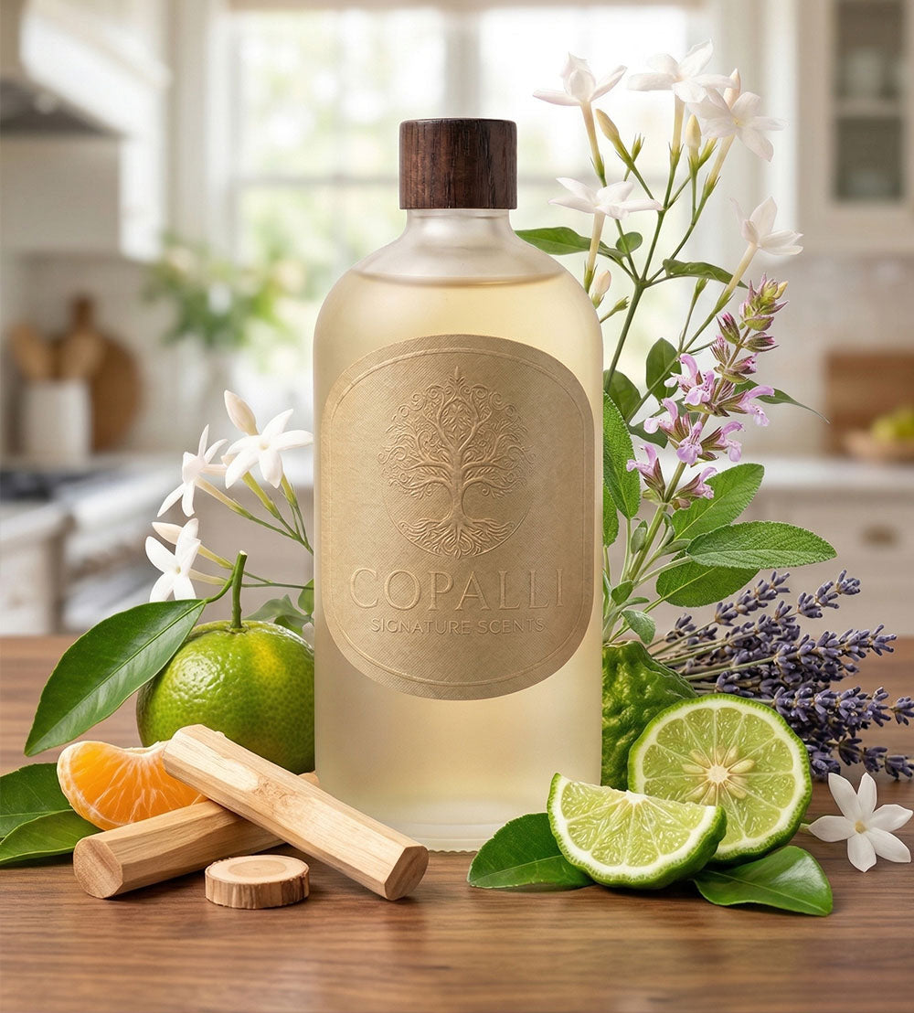 Our Copalli scent bottle with scent oil inspired by the Pullman Hotel: Displaying main ingredients of Mandarin, Bergamot, Lavender, and Jasmine. 