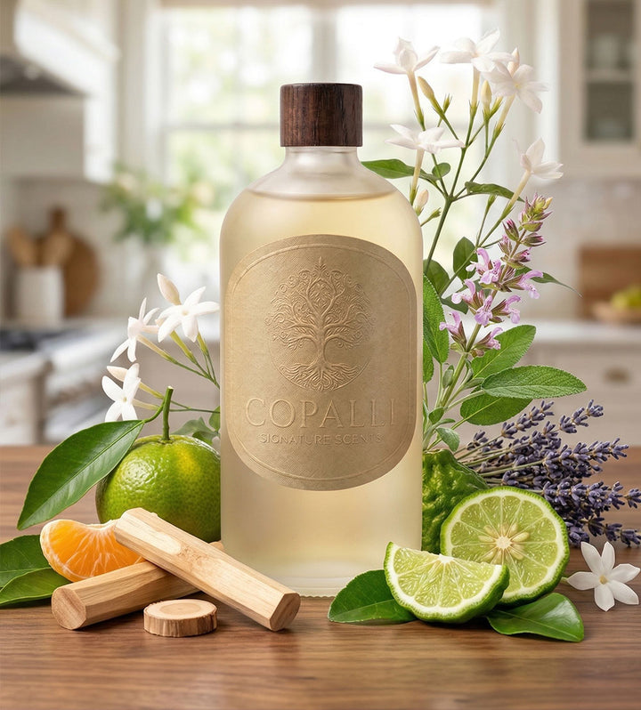 Our Copalli scent bottle with scent oil inspired by the Pullman Hotel: Displaying main ingredients of Mandarin, Bergamot, Lavender, and Jasmine. 