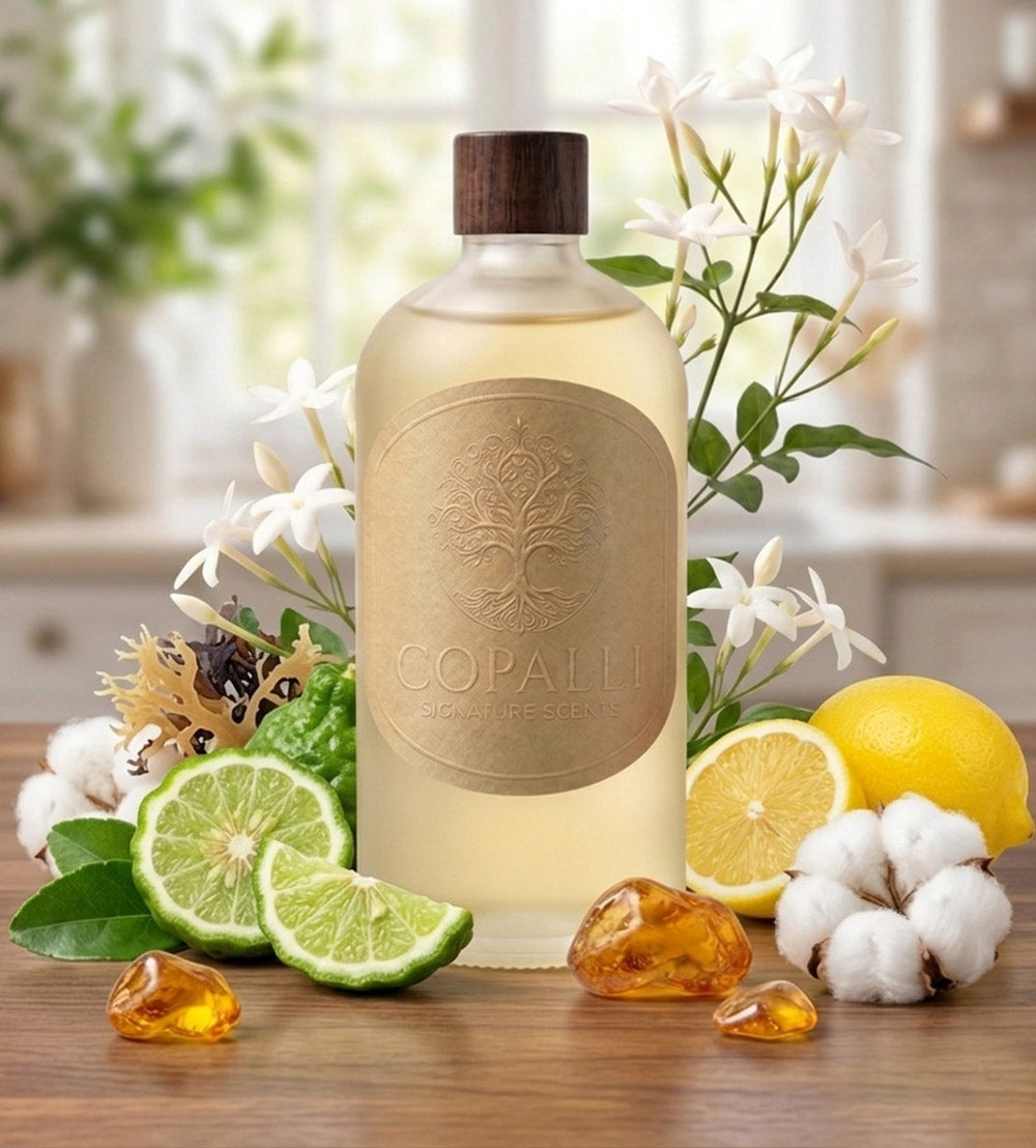 Our Copalli scent bottle with scent oil inspired by: The Ritz-Carlton Hotel: Displaying main ingredients of Bergamot, Lemon, Ocean and Musk