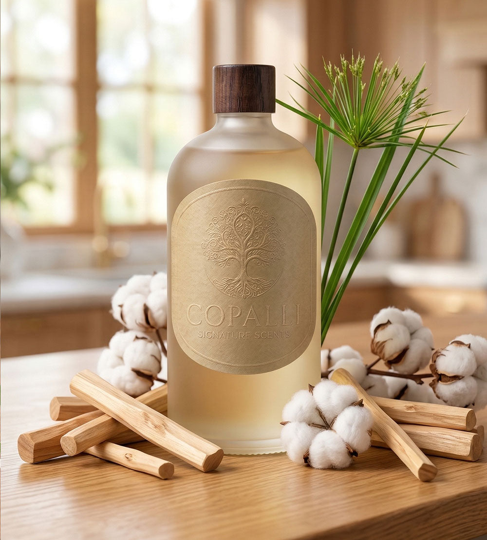 Our Copalli scent bottle with scent oil Santal: Displaying main ingredients of Sandalwood, Papyrus and Musk