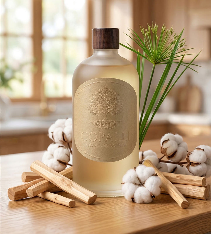 Our Copalli scent bottle with scent oil Santal: Displaying main ingredients of Sandalwood, Papyrus and Musk