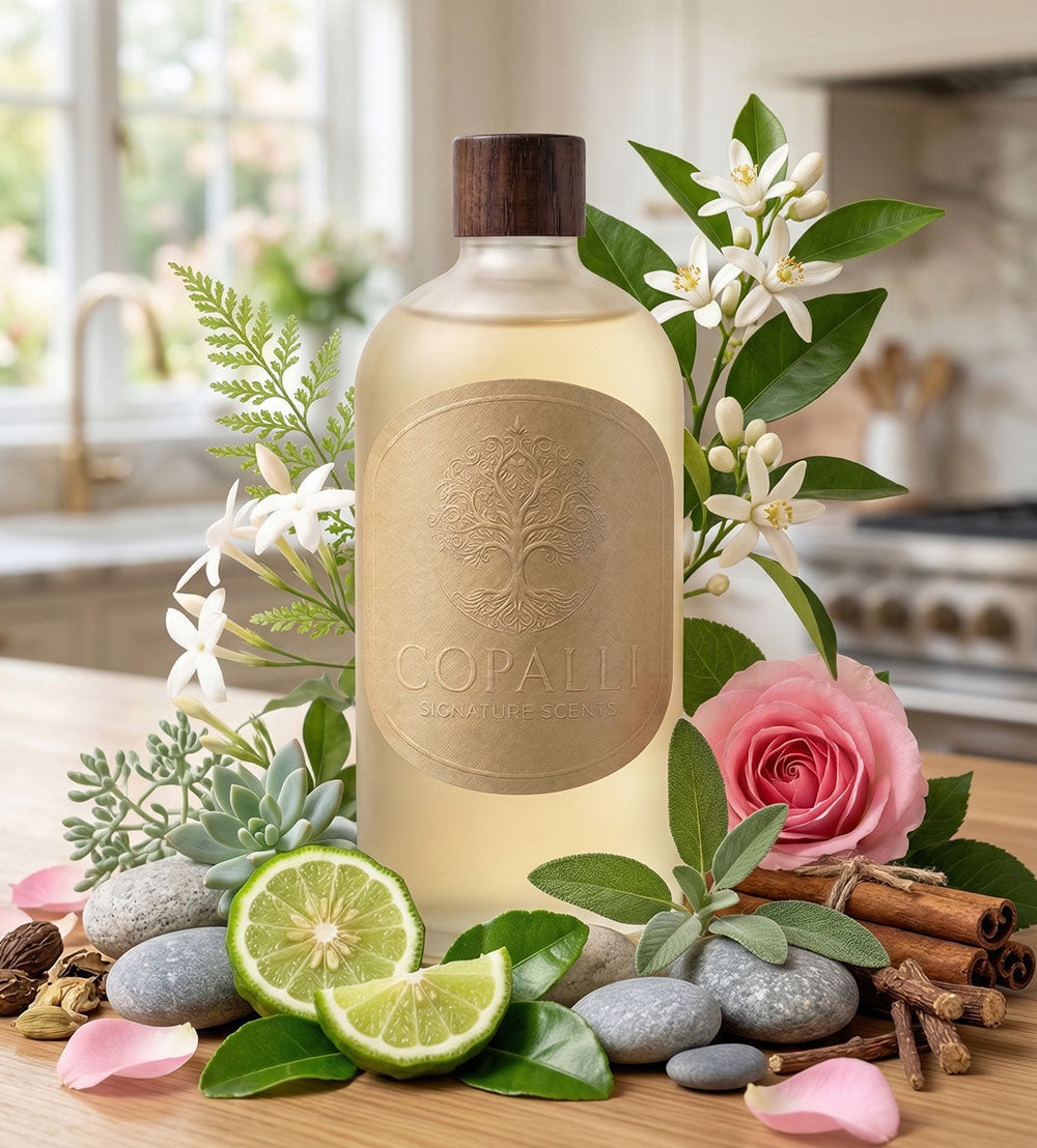 Our Copalli scent bottle with scent oil inspired by: Vanderbilt Hotel: Displaying main ingredients of Bergamot, Aquatic Ozone, Neroli and Sandalwood.