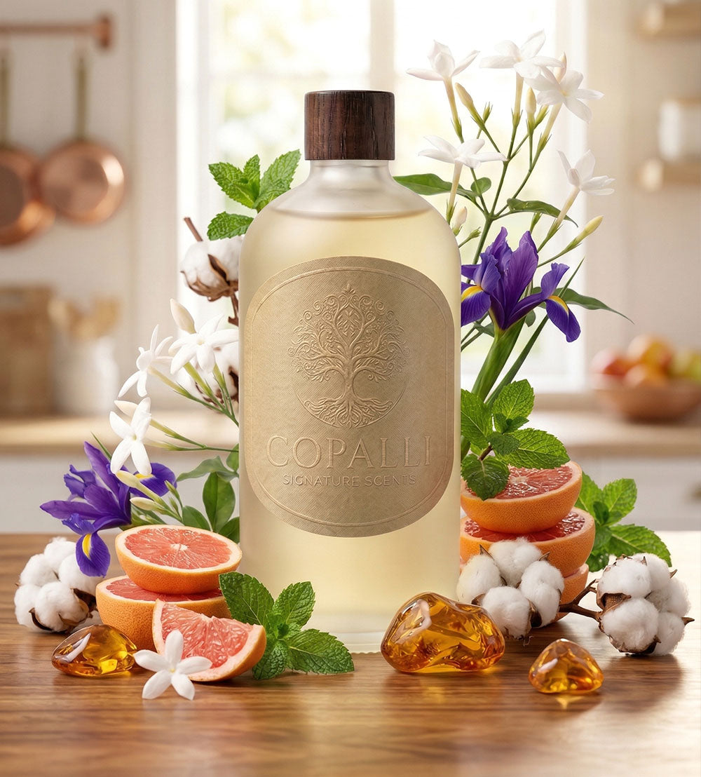 Our Copalli scent bottle with scent oil Syria: Displaying main ingredients of  Grapefruit, Mint, Iris and Amber.