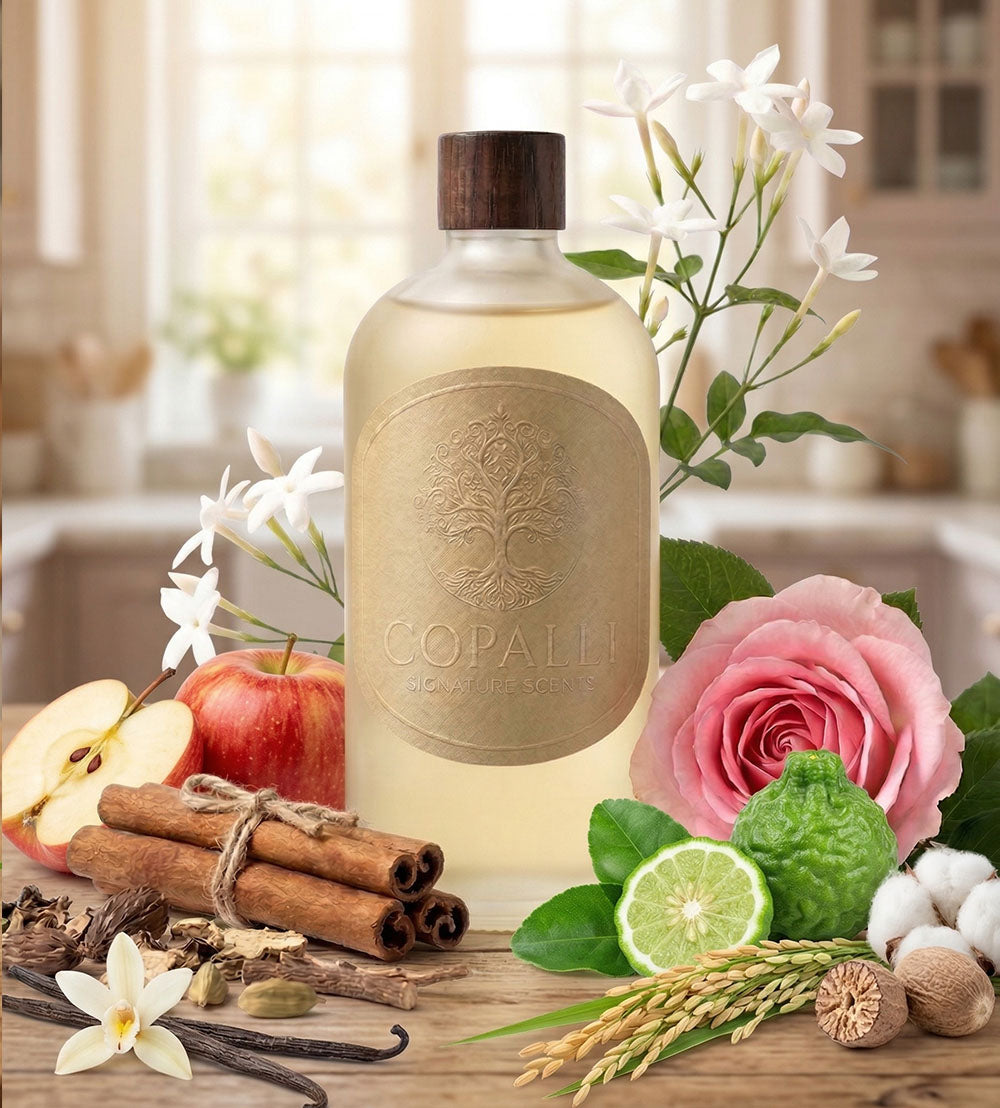 Our Copalli scent bottle with scent oil Vanilla Apple: Displaying main ingredients of Apple, Bergamot, Rice and Vanilla