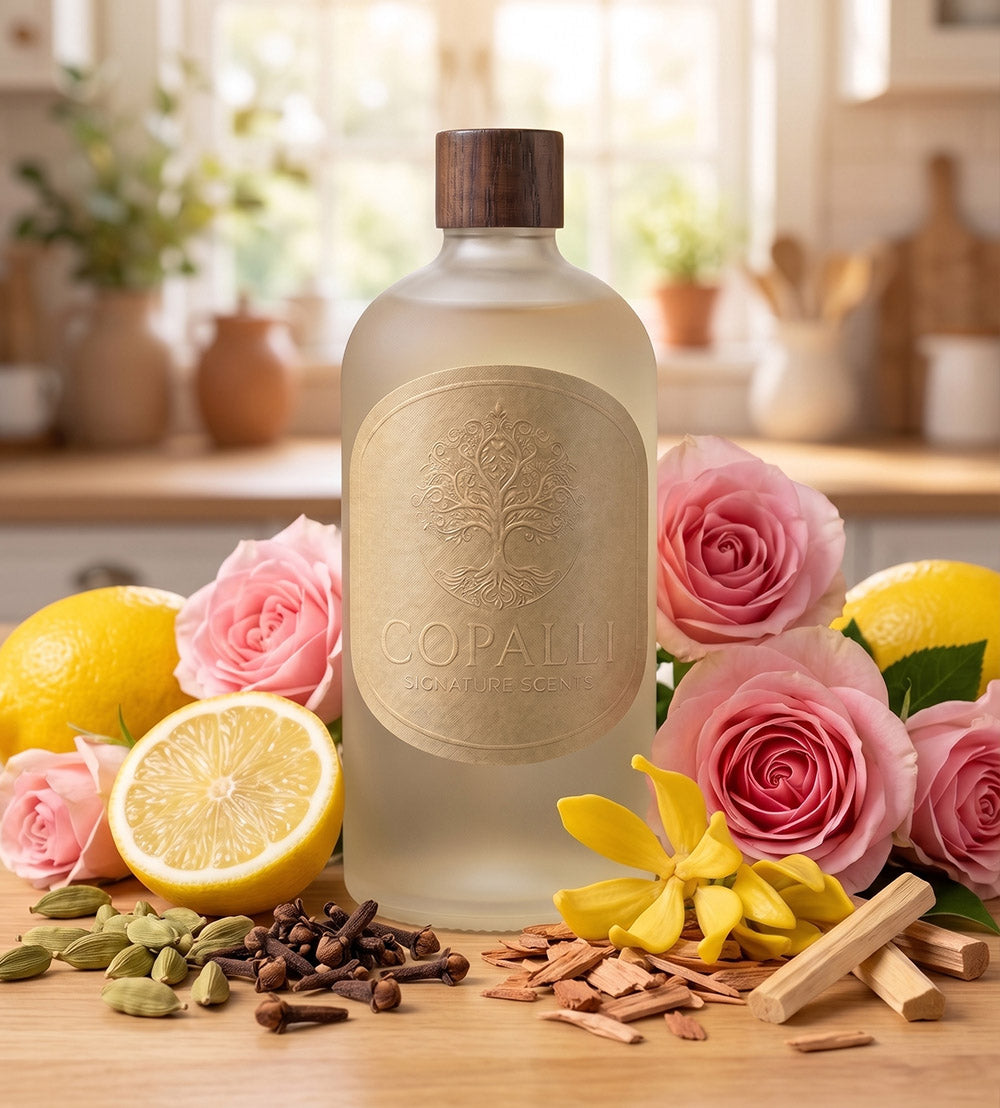 Our Copalli scent bottle with scent oil of Woodyrose: Displaying main ingredients of lemon, cardamom, cloves, rose and sandalwood. 